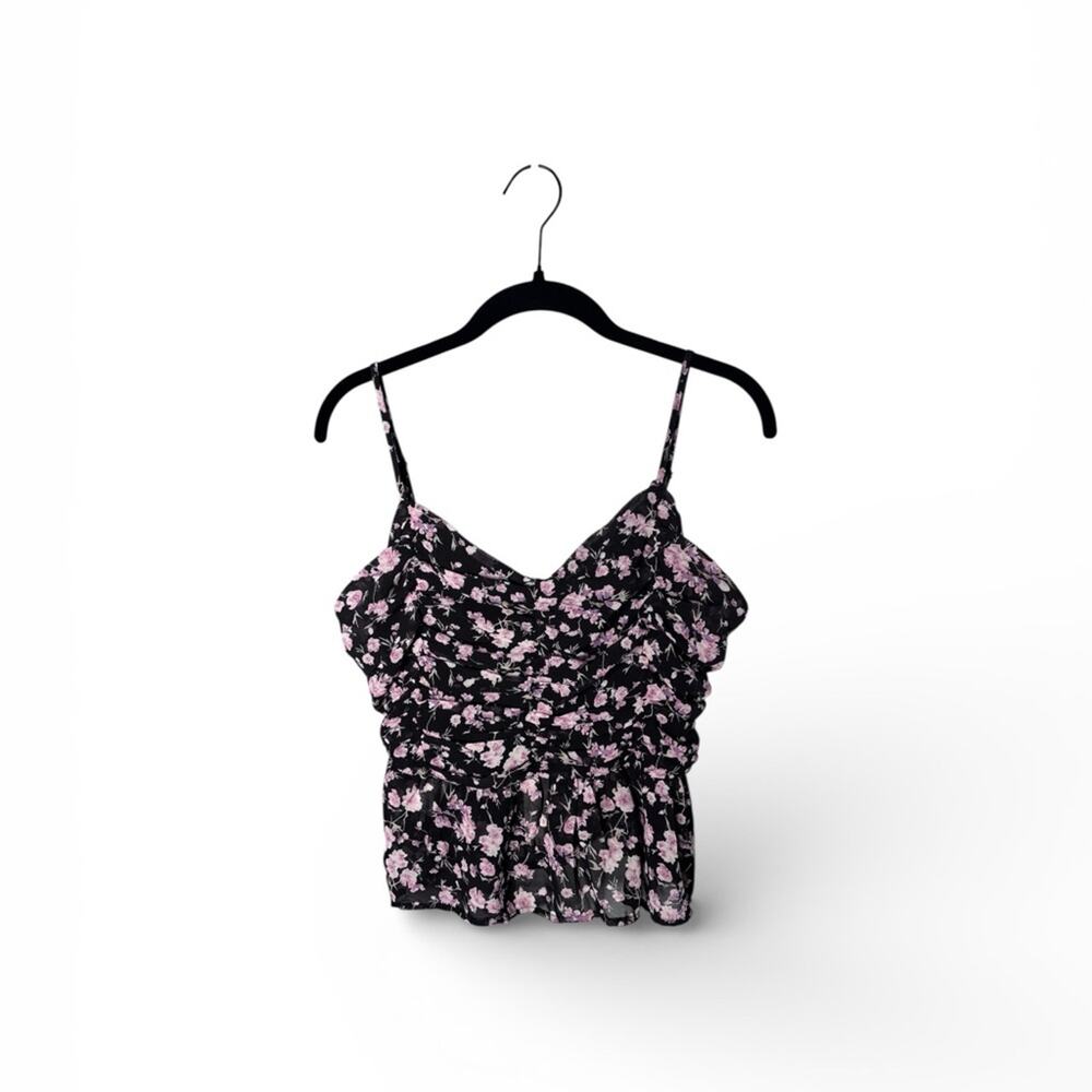 She + Sky Black Pink Floral Cropped Peplum Blouse Large